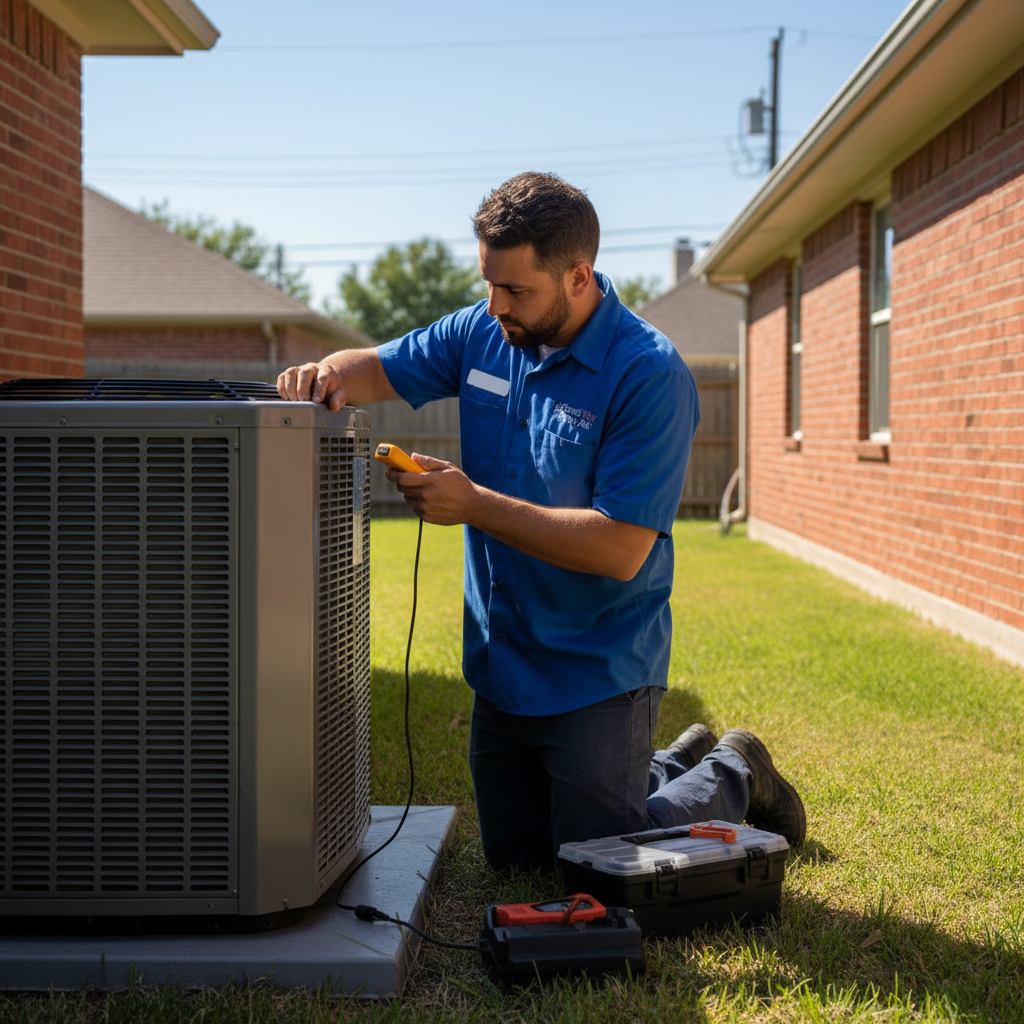 An HVAC technician inspects an outdoor AC unit for Boost My Air in Grand Prairie, TX.