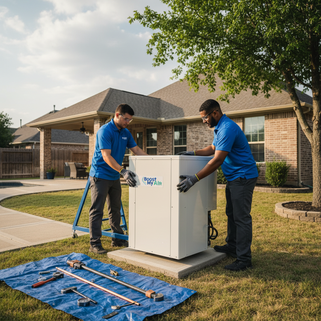 An HVAC technician installs a new air conditioning unit for a client in Grand Prairie, TX.