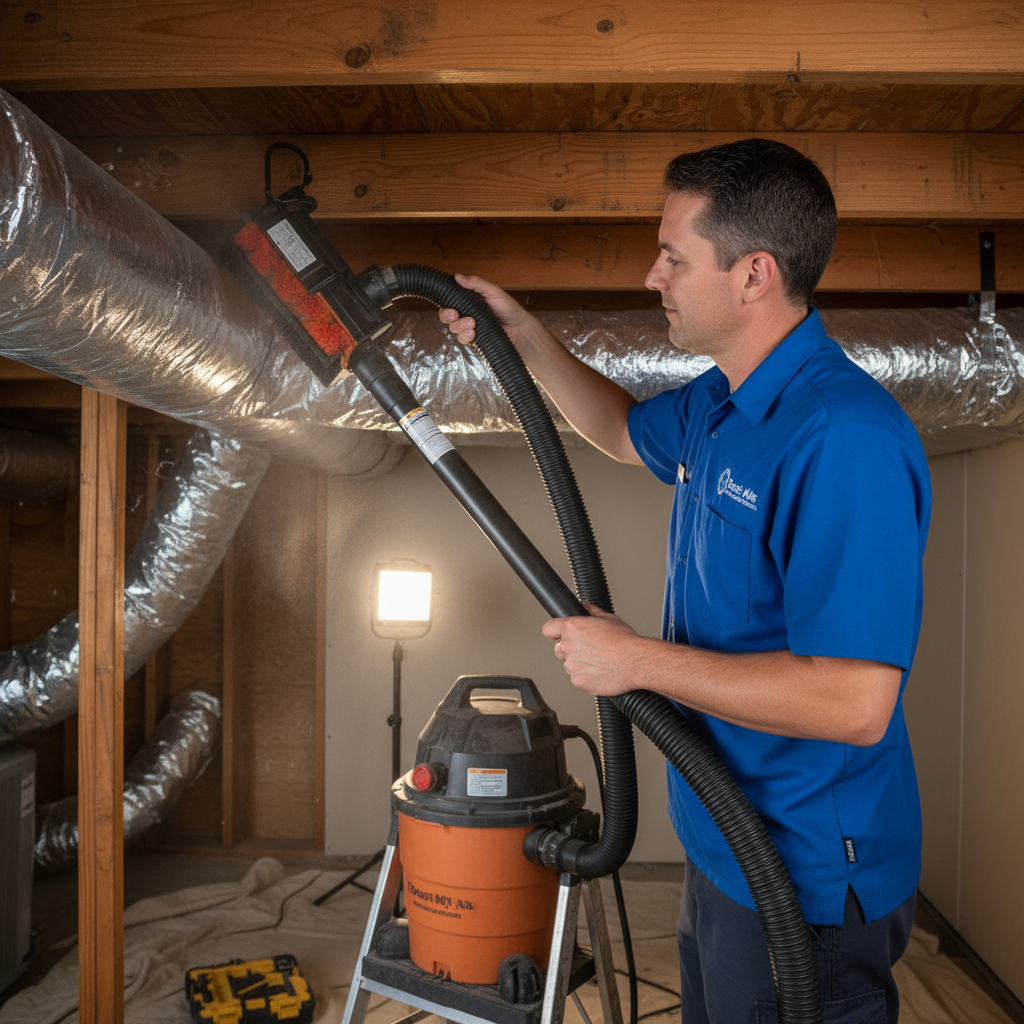 An HVAC technician performing air duct cleaning service in a Grand Prairie, TX home.