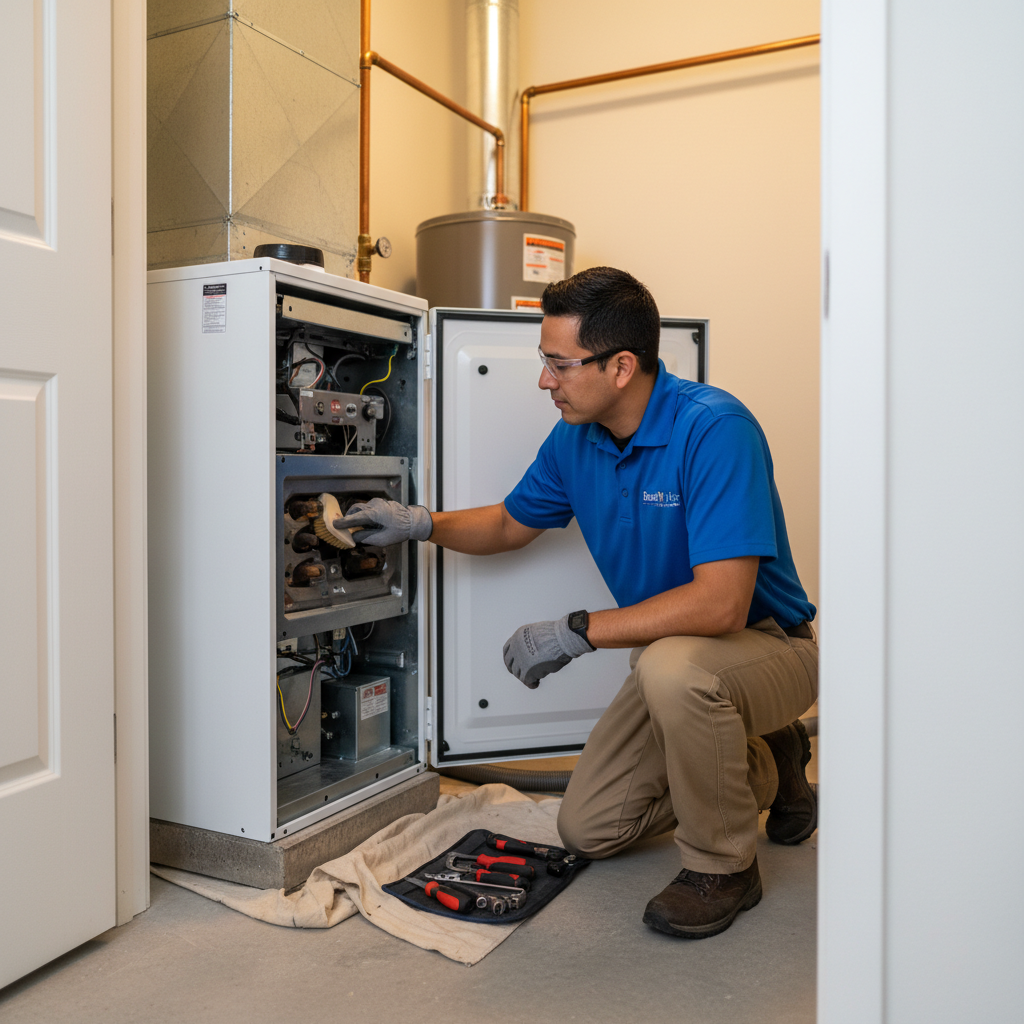 An HVAC technician performing maintenance on a furnace in a Grand Prairie, TX home.