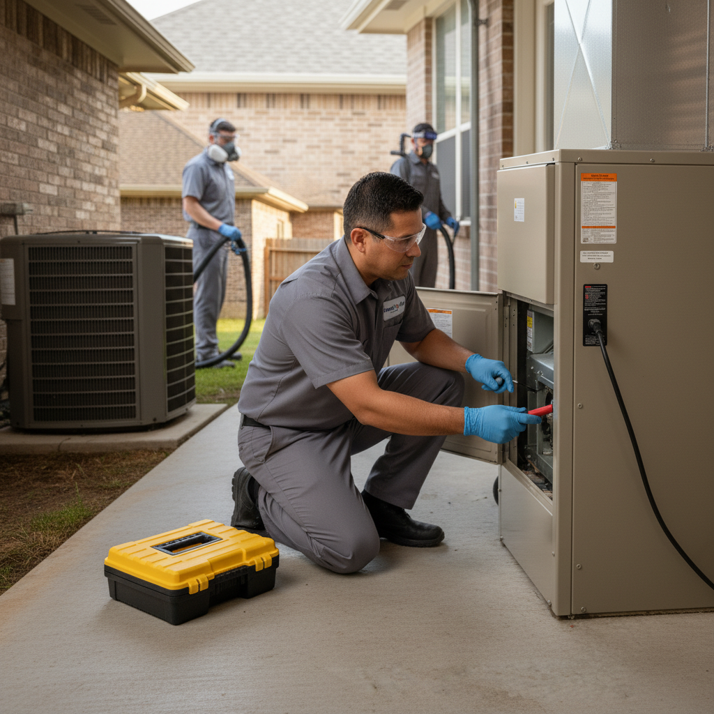 An HVAC technician performing maintenance on a residential furnace in Grand Prairie, TX.