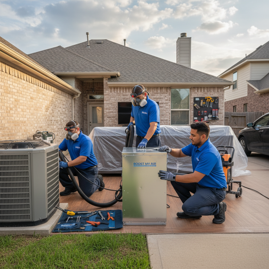 An HVAC technician performs an air conditioning repair service at a home in Grand Prairie, TX.