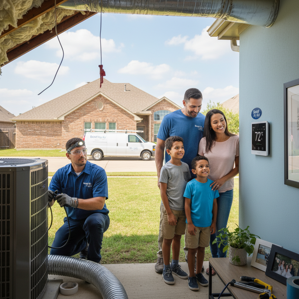An HVAC technician performs an air conditioning repair service on an outdoor unit in Grand Prairie, TX.