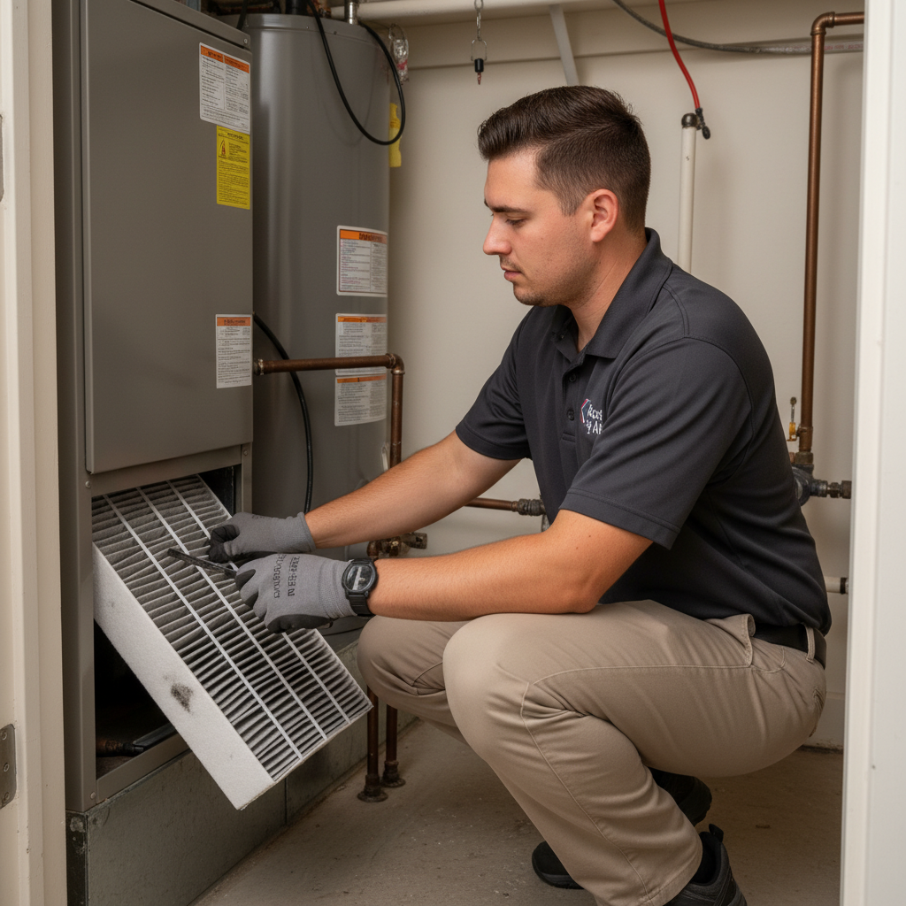 An HVAC technician replacing an air filter in an indoor furnace unit in a Grand Prairie, TX home.