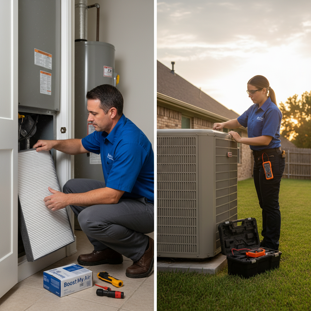 An HVAC technician replacing an air filter inside a Grand Prairie, TX home, ensuring clean air for DFW metroplex residents.