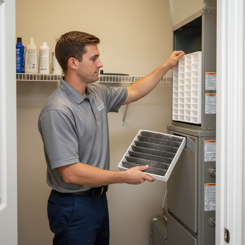 An HVAC technician replacing an air filter inside a residential unit in Grand Prairie, TX.