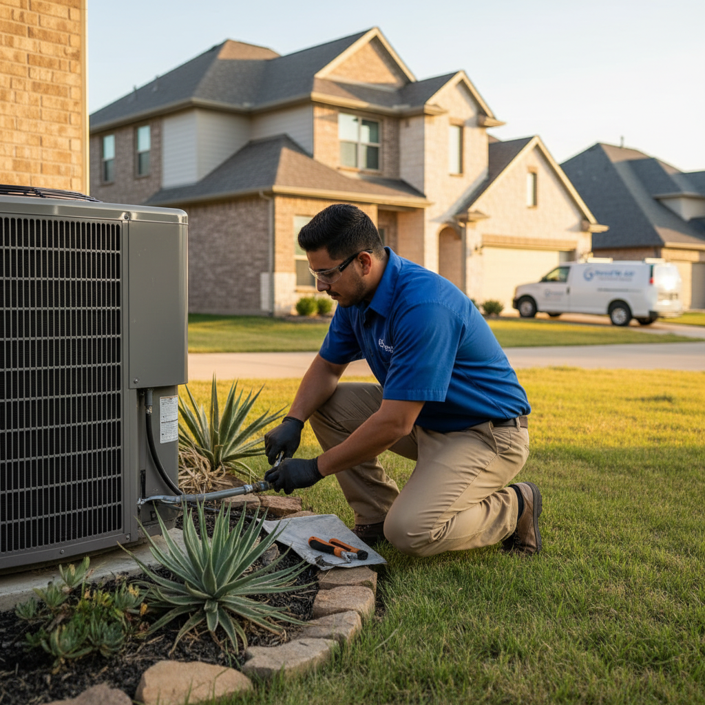 An HVAC technician working on an outdoor air conditioning unit in a residential backyard in Grand Prairie, TX.