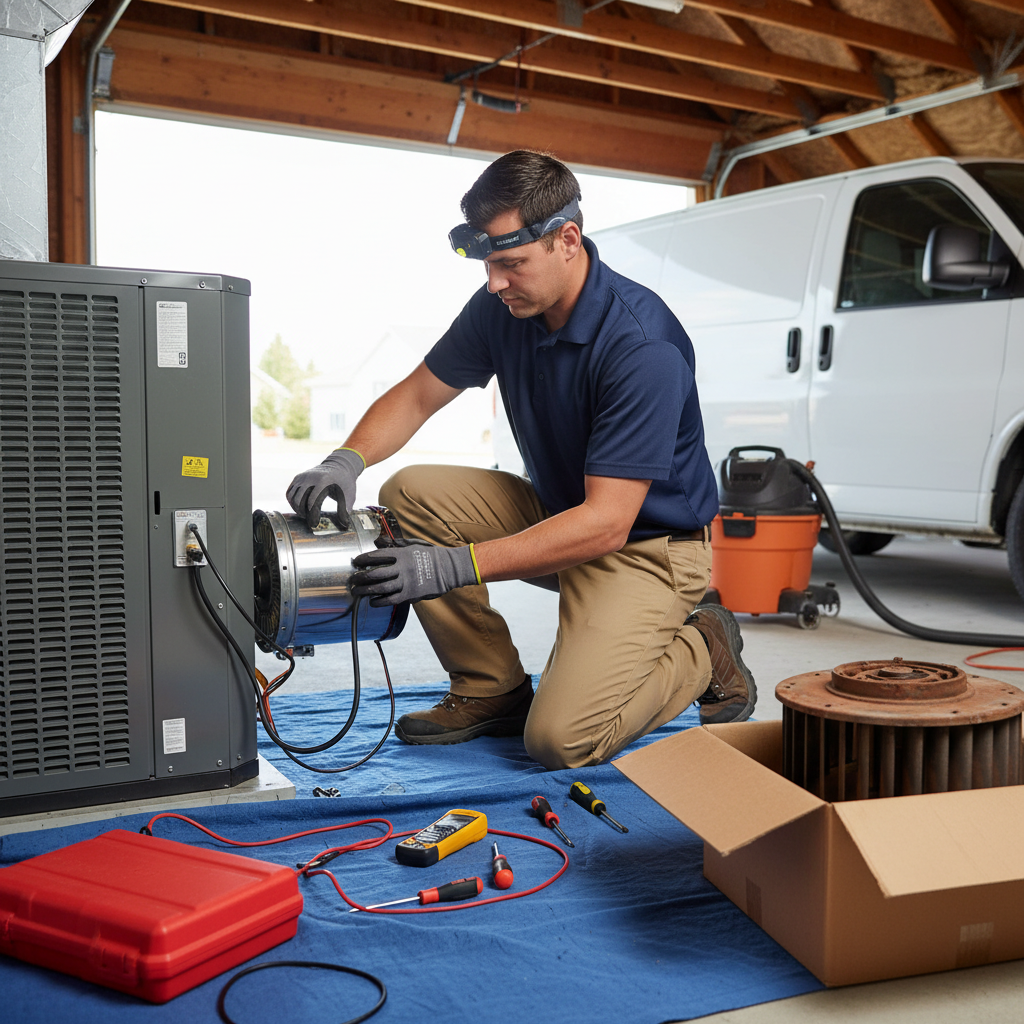 A close-up view of a technician expertly replacing an AC blower motor and fan motor.