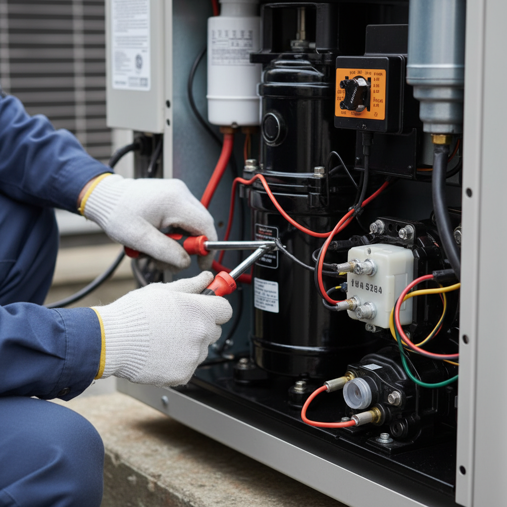 Close-up of a technician performing AC compressor repair, demonstrating quality workmanship.