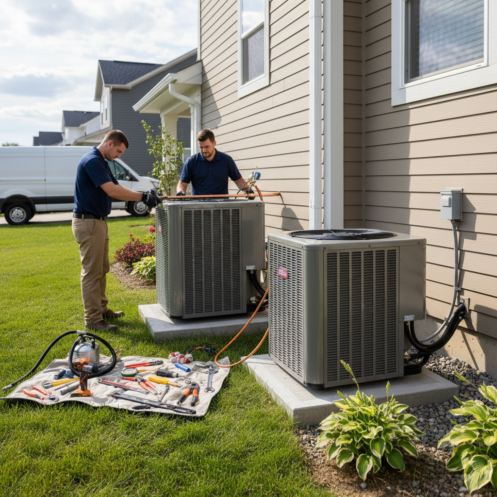A skilled HVAC technician working on the line set of a new air conditioner installation.