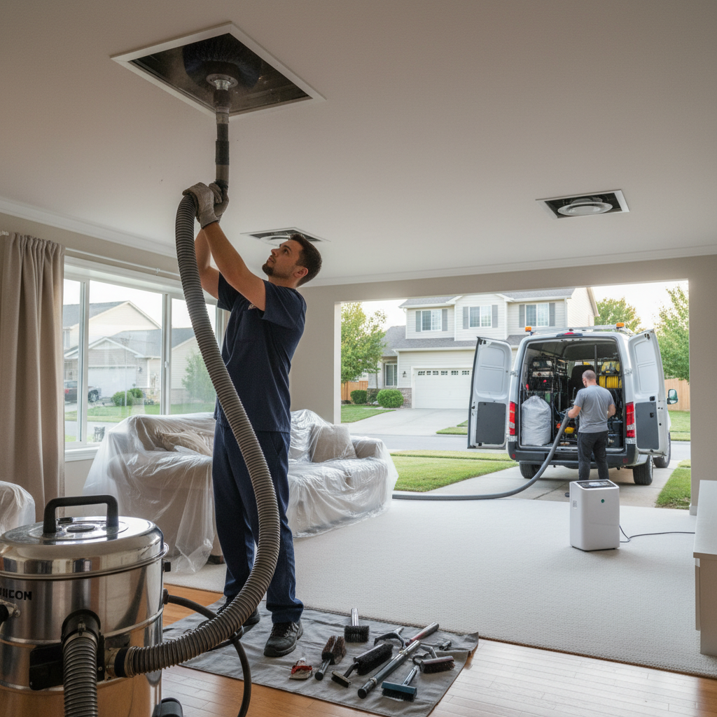An HVAC technician performing professional air duct cleaning with specialized rotary brush equipment.