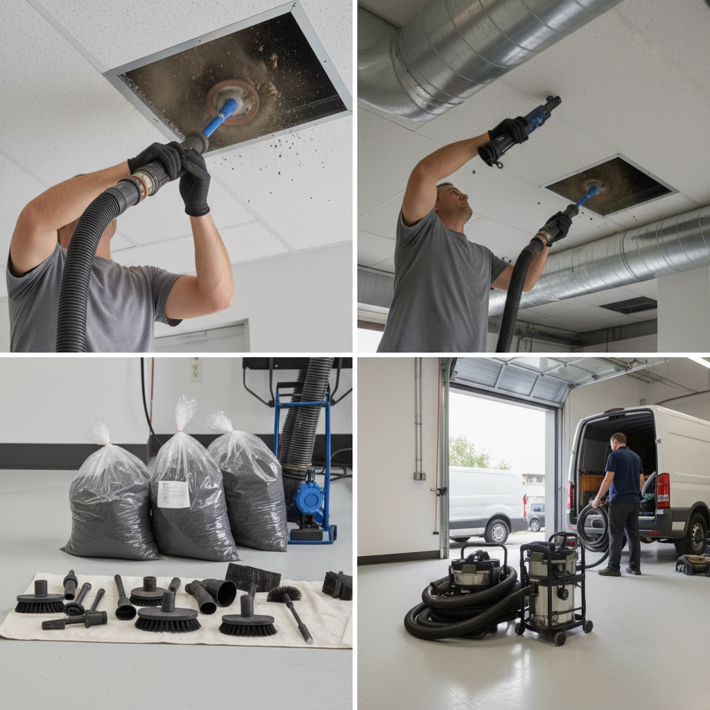 Professional air duct cleaning in progress, showing a technician using specialized rotary brush equipment to clean a vent.