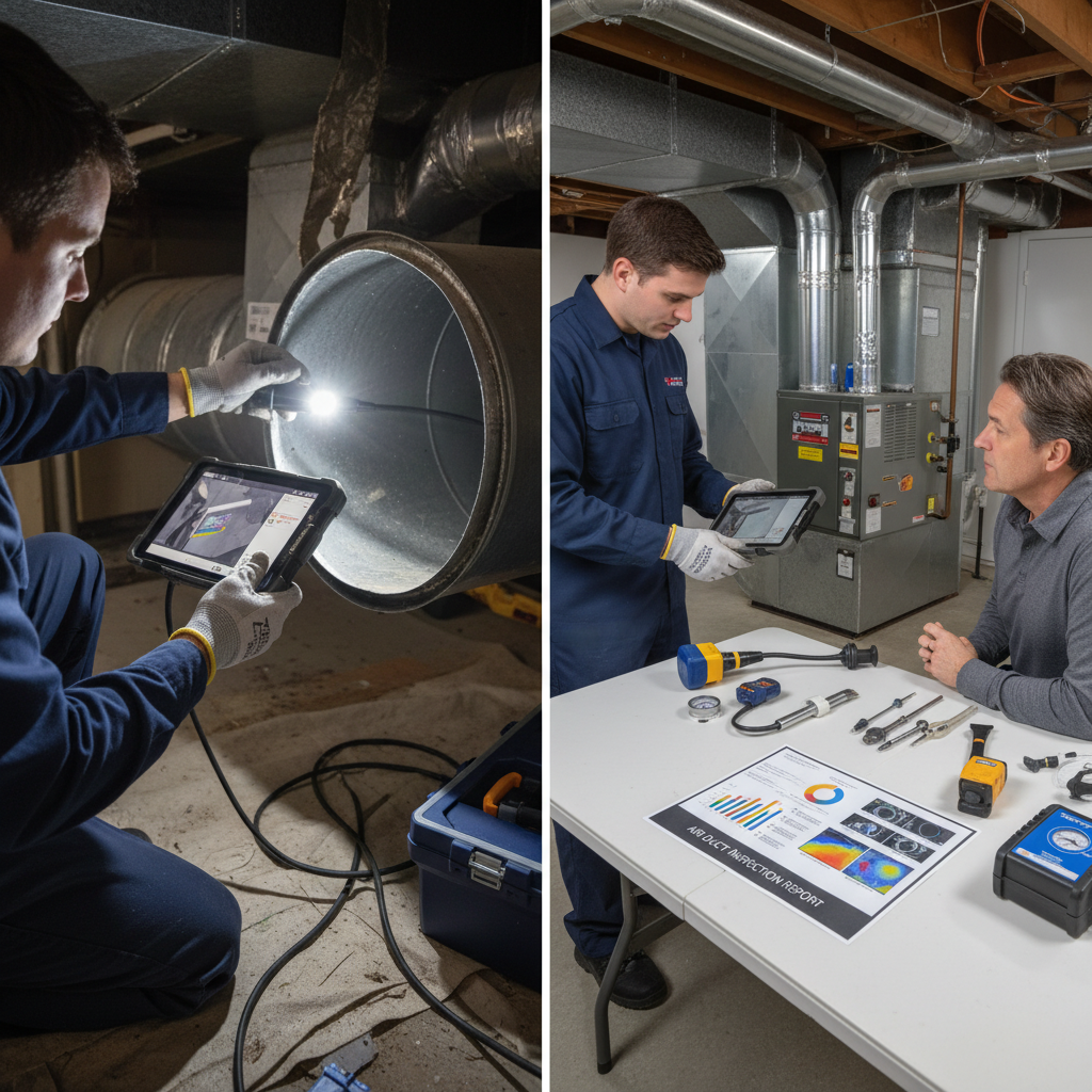 A technician performing an air duct inspection with a specialized camera, looking for leaks or damage.