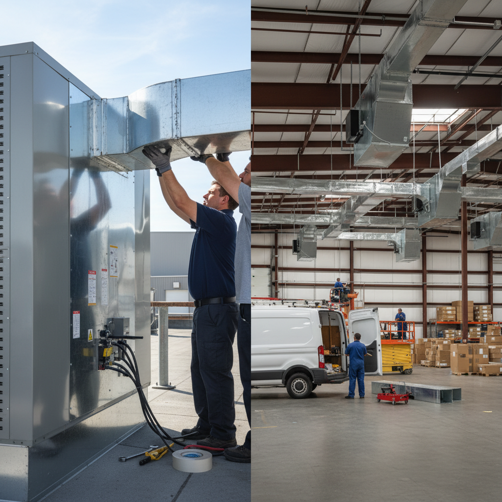 Close-up of HVAC technicians installing ductwork on a commercial rooftop heating unit.