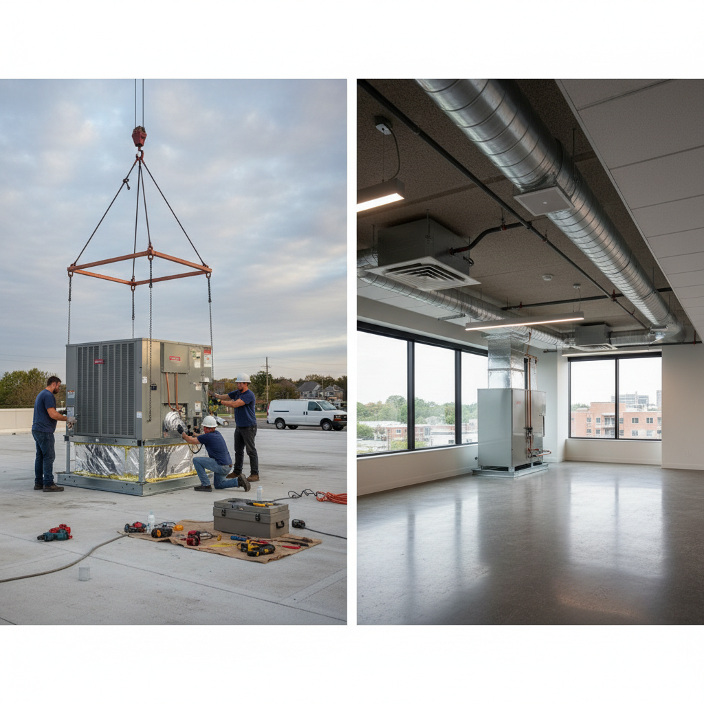 Close-up of a technician working on a commercial HVAC unit installation with tools nearby.