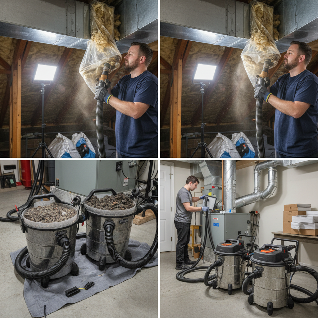 Close-up of a technician using specialized equipment to clean dirty HVAC ductwork, ensuring quality workmanship.