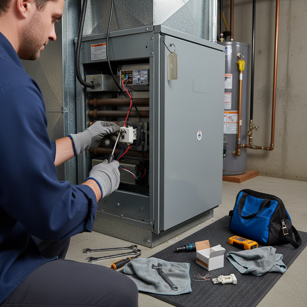 An HVAC technician replacing a furnace igniter, demonstrating skilled and professional workmanship.