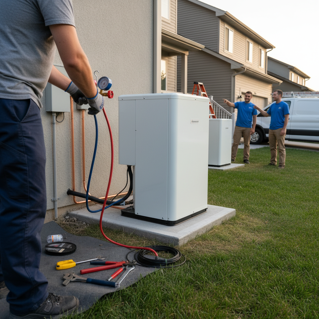 HVAC technician performing a heat pump installation, checking refrigerant levels with gauges for quality workmanship.