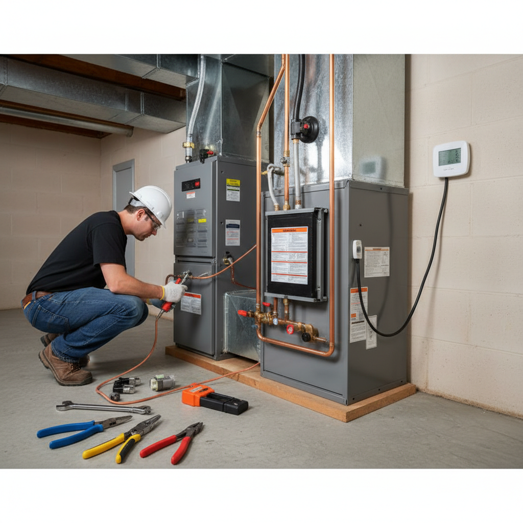 Detail shot of a technician performing heating system replacement, showing tools and new equipment.
