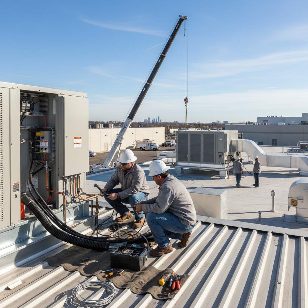 Close-up of skilled technicians installing a commercial rooftop HVAC unit, showcasing quality workmanship.