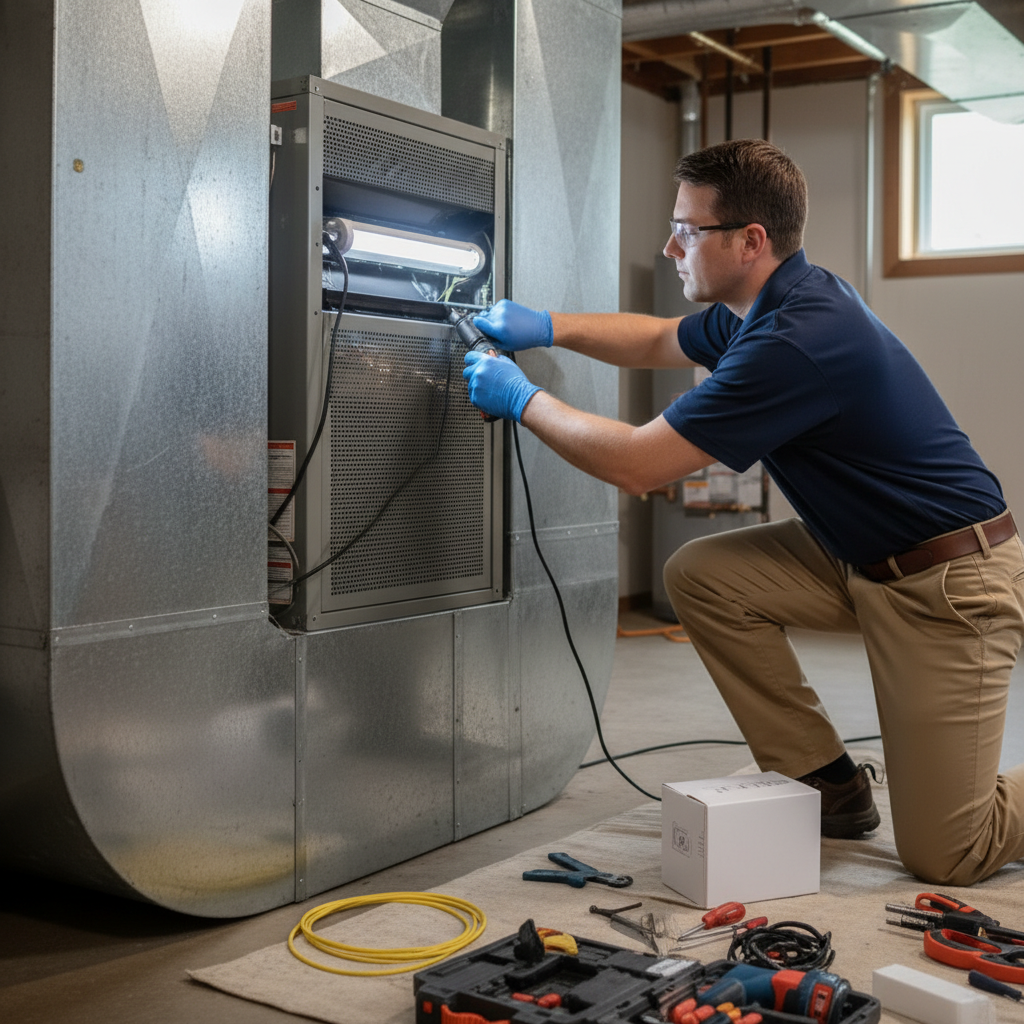 A close-up of an HVAC professional carefully working on a UV air purifier installation.