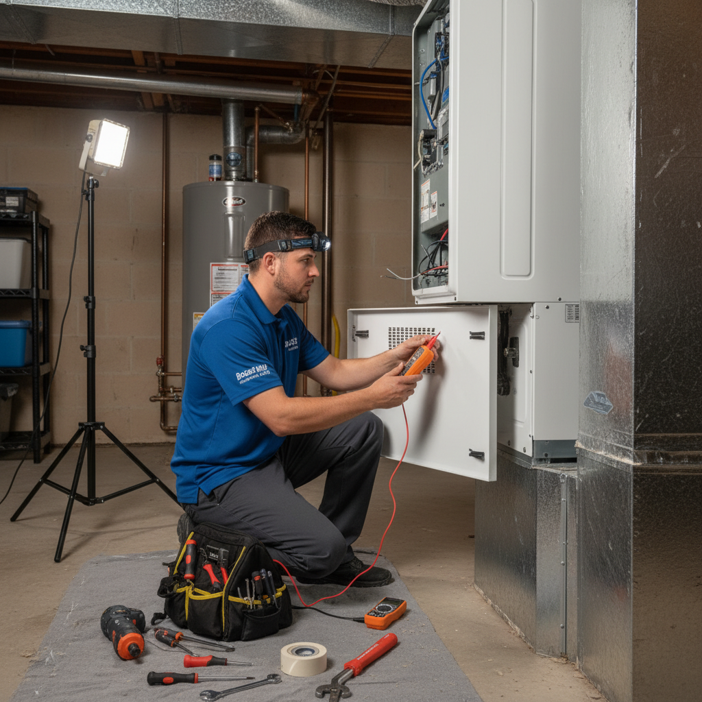 Boost My Air expert examining a furnace for heating service in Grand Prairie, TX.