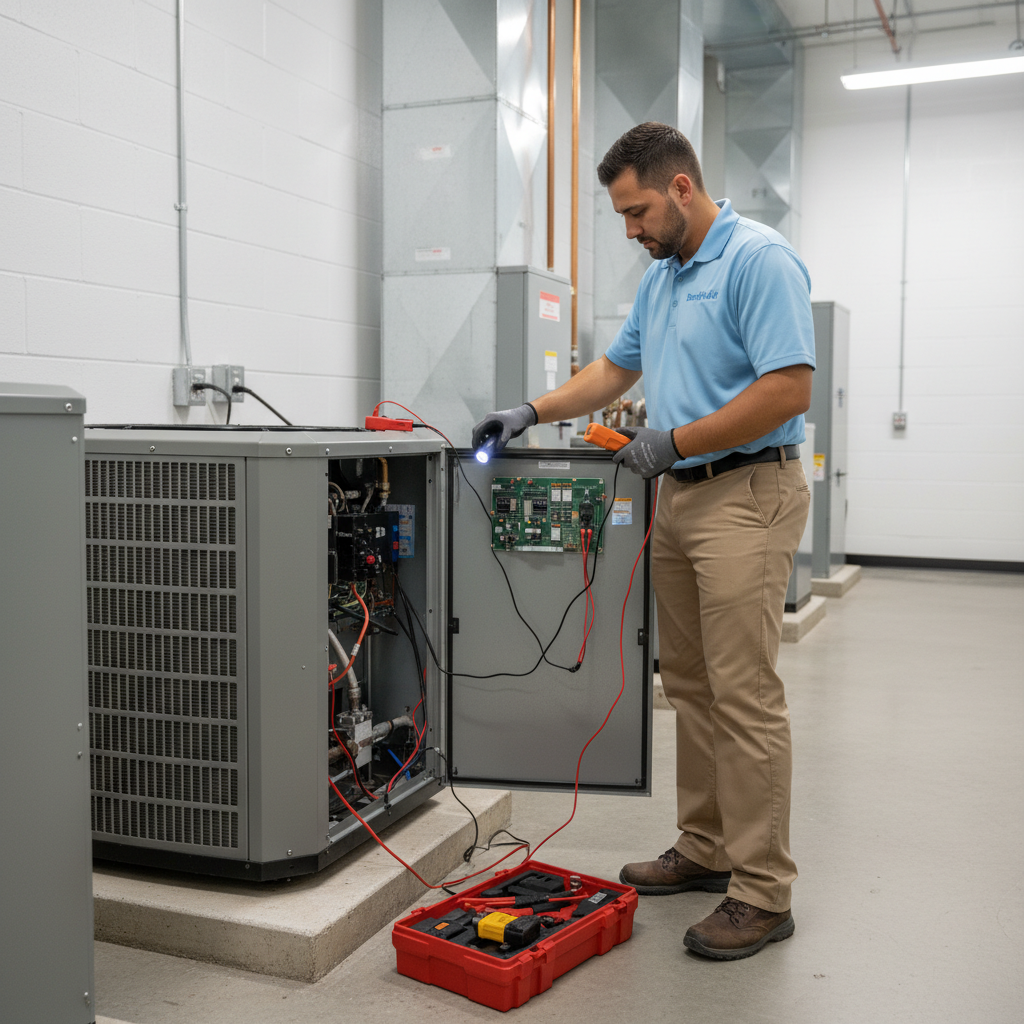 Boost My Air expert inspecting an air handler in a Grand Prairie, TX commercial building.