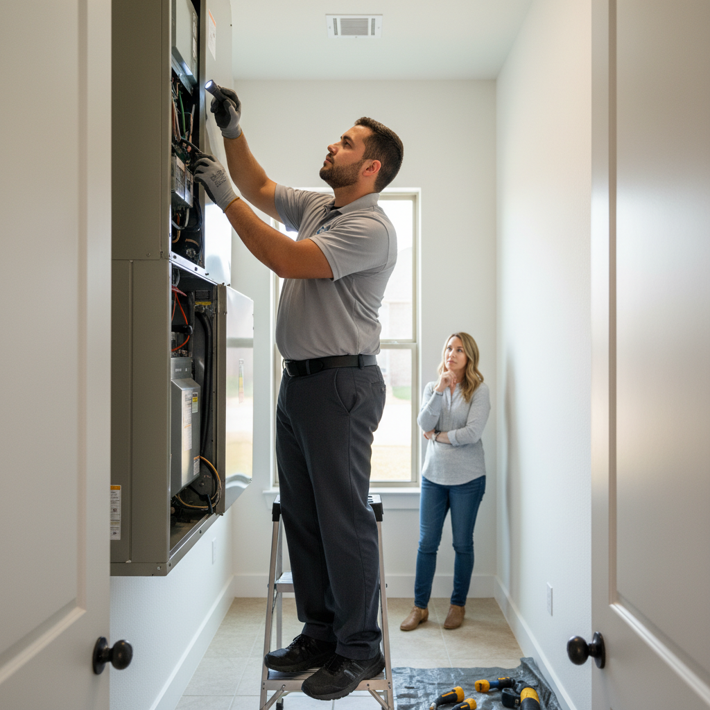 Boost My Air expert inspecting an indoor air conditioning unit in a Grand Prairie, TX home.