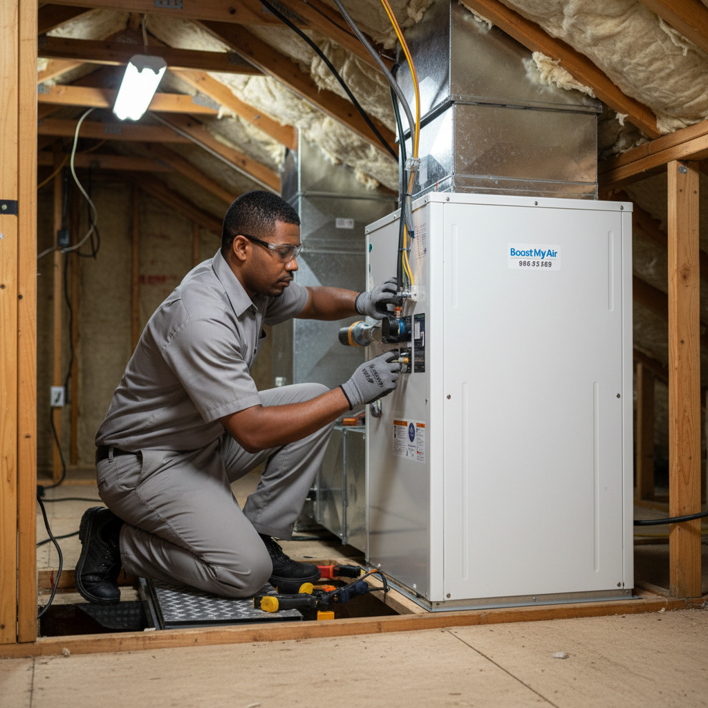 Boost My Air expert installing a new air conditioning unit in a Grand Prairie, TX home.