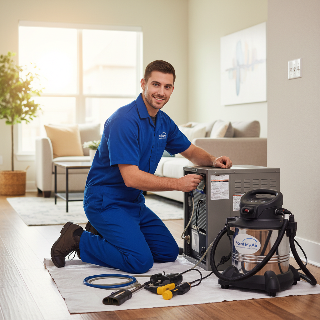 Boost My Air expert performing HVAC maintenance inside a home in Grand Prairie, TX.