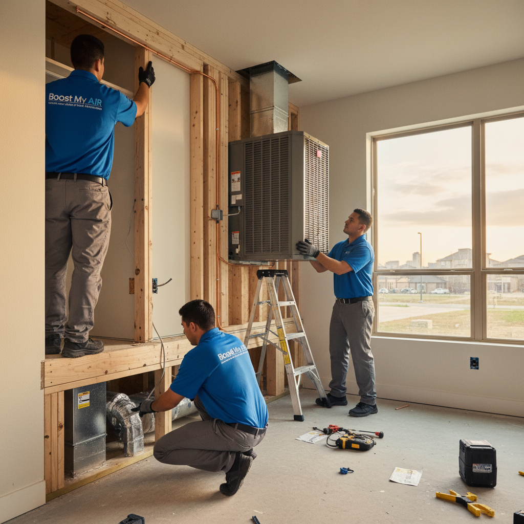 Boost My Air HVAC team collaborating on a new system installation in Grand Prairie, TX.