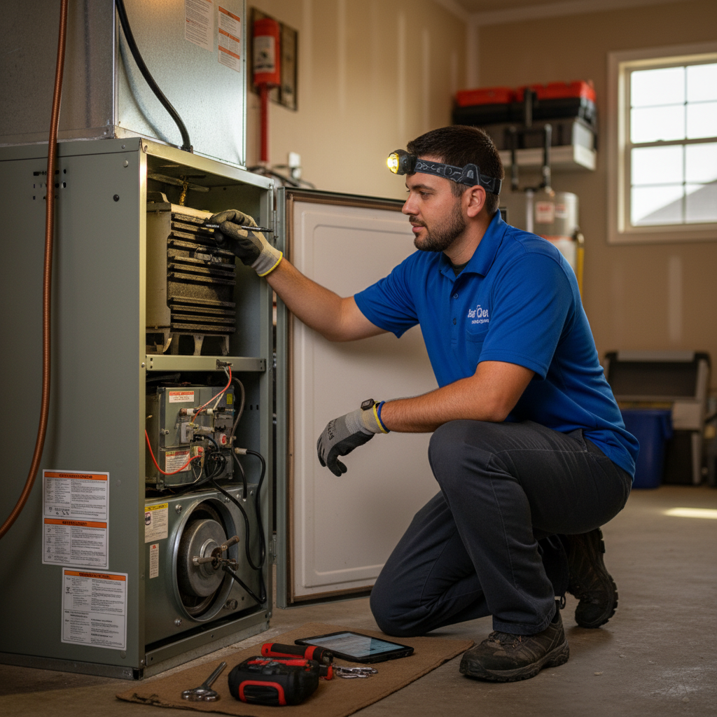 Boost My Air HVAC technician inspecting a furnace in a Grand Prairie, TX home for heating services.