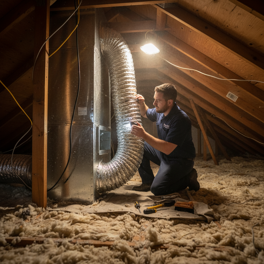 Boost My Air HVAC technician inspecting an air duct system inside a Grand Prairie, TX home.