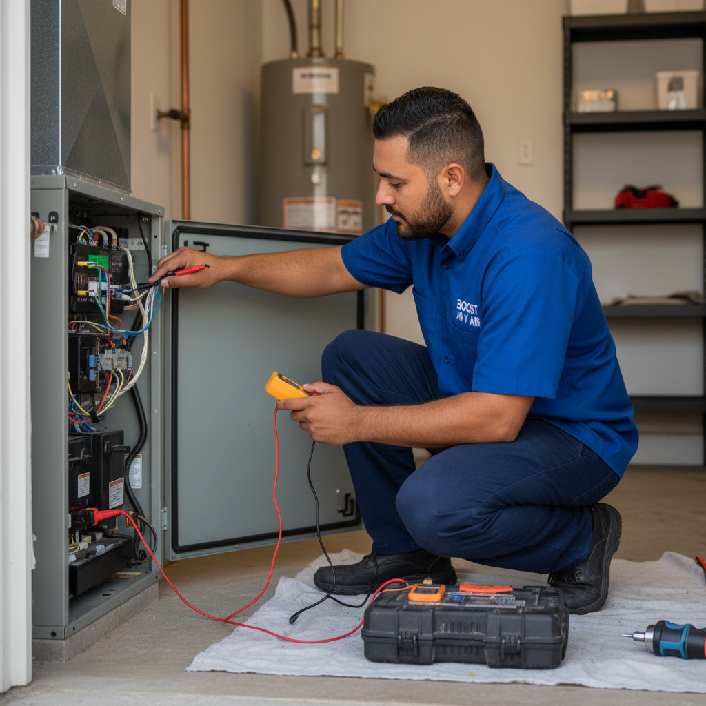 Boost My Air HVAC technician performing a professional AC repair in Grand Prairie, TX.
