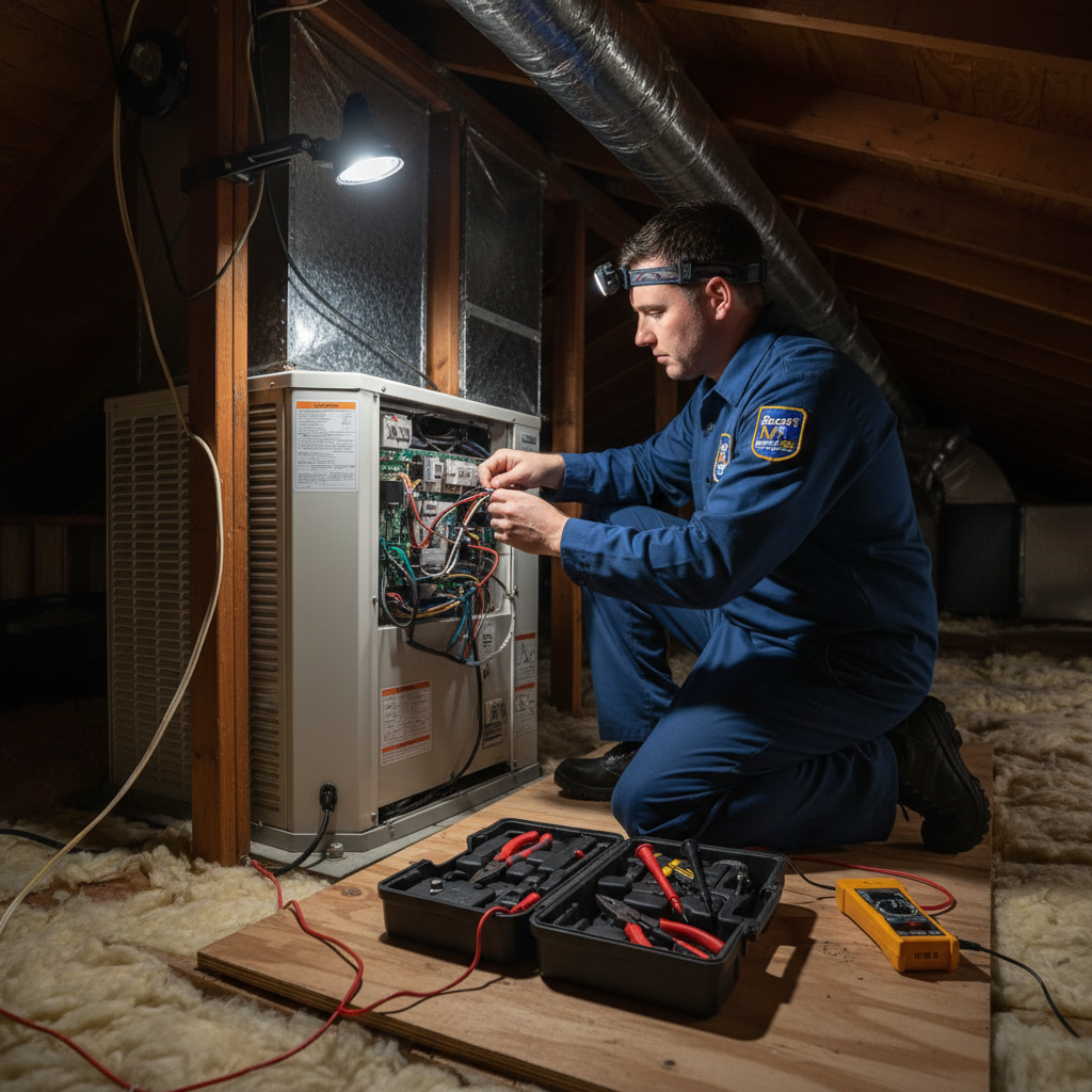 Boost My Air HVAC technician performing a professional AC repair in a DFW metroplex home.