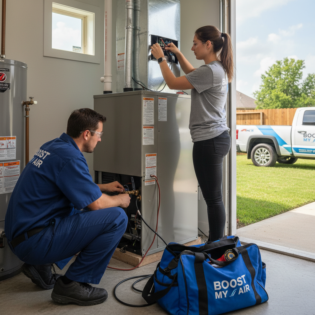 Boost My Air HVAC technicians installing a new furnace in a Grand Prairie, TX residence.