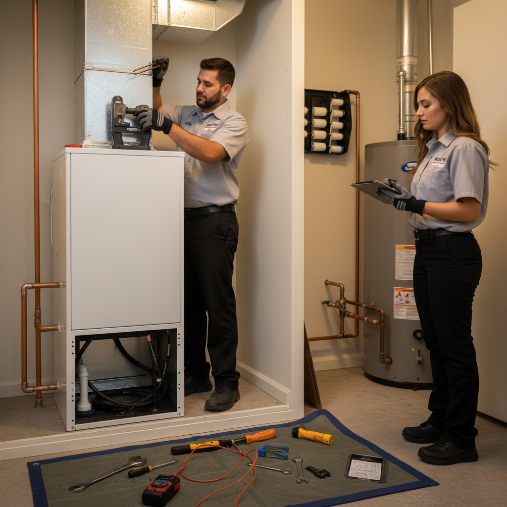 Boost My Air HVAC technicians installing a new furnace in a Grand Prairie, TX home's utility closet.