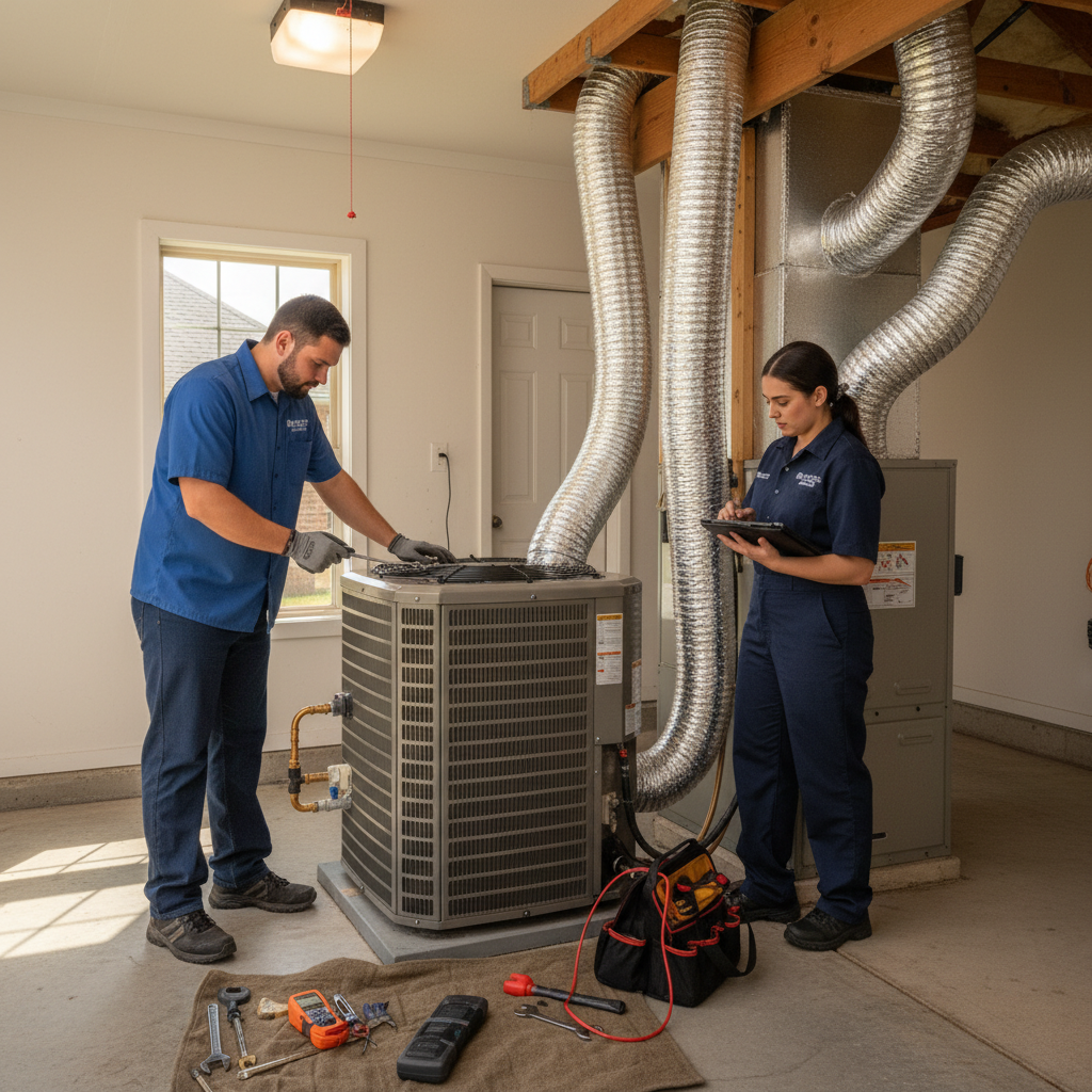 Boost My Air HVAC technicians installing a new furnace in a Grand Prairie, TX home.
