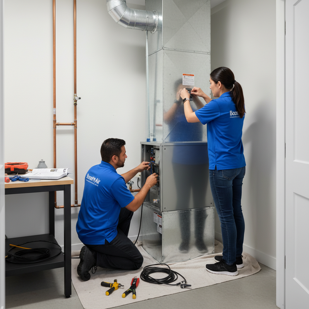 Boost My Air HVAC technicians installing a new furnace system inside a DFW metroplex home near Grand Prairie, TX.