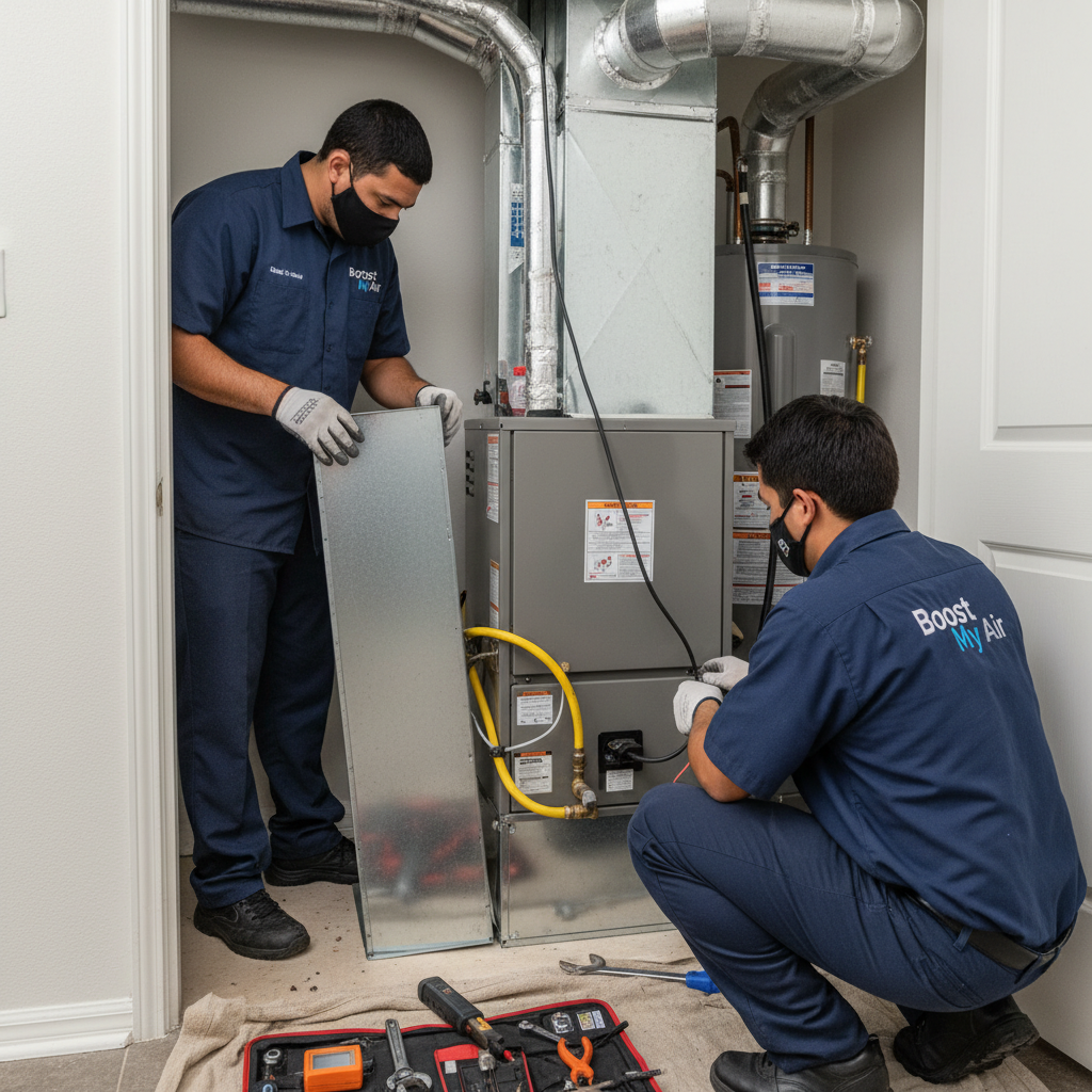 Boost My Air HVAC technicians installing a new furnace system in a Grand Prairie, TX home.