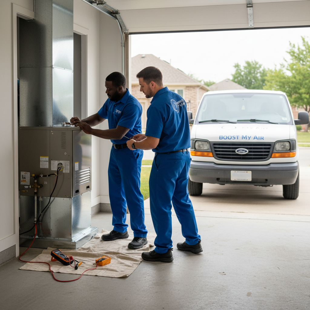 Boost My Air HVAC technicians installing a new furnace system in a DFW metroplex home.