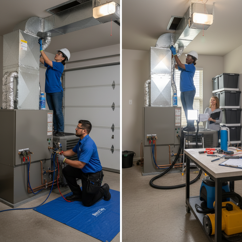 Boost My Air HVAC technicians installing a new heating and cooling system in a Grand Prairie, TX home.