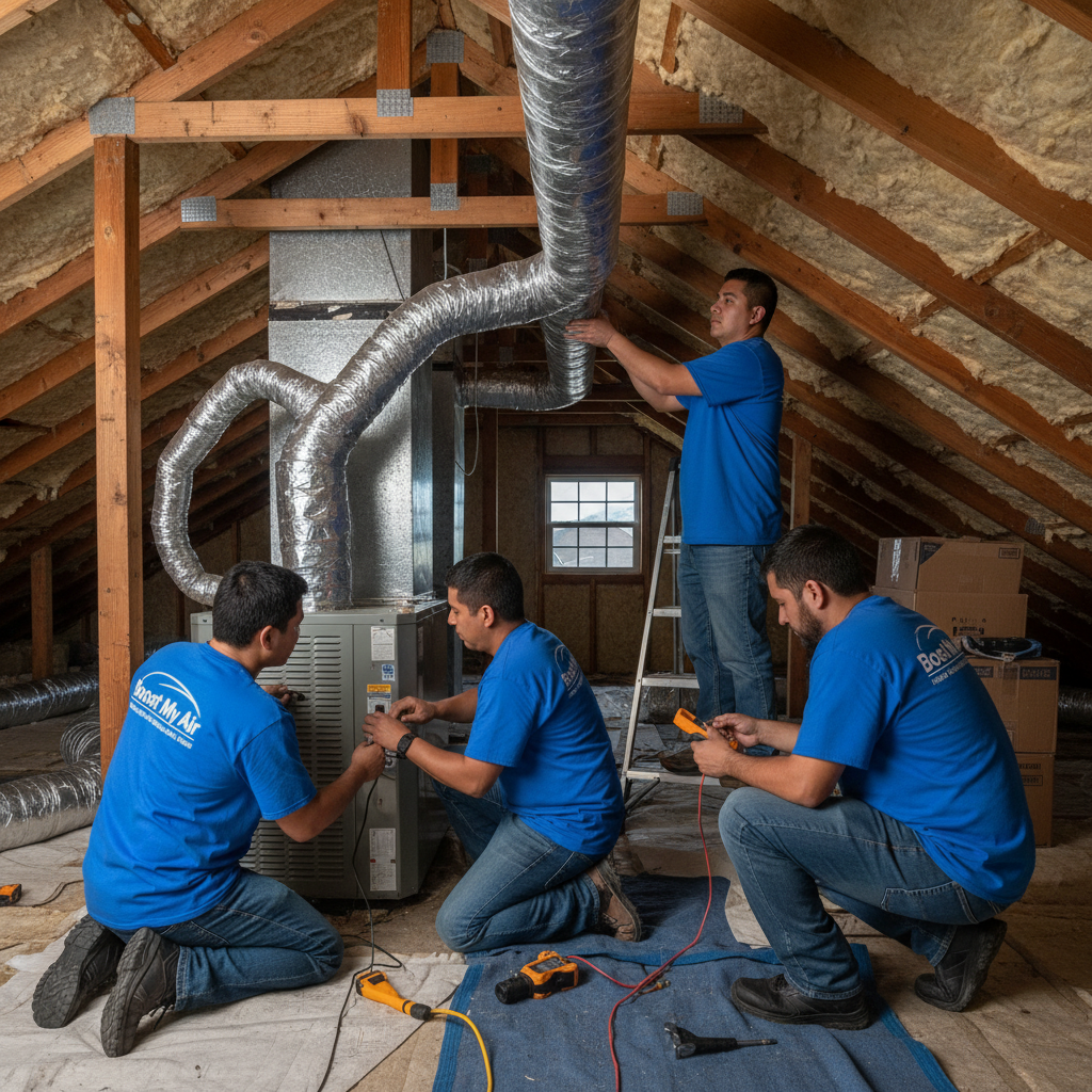Boost My Air HVAC technicians installing new ductwork in a Grand Prairie, TX attic.