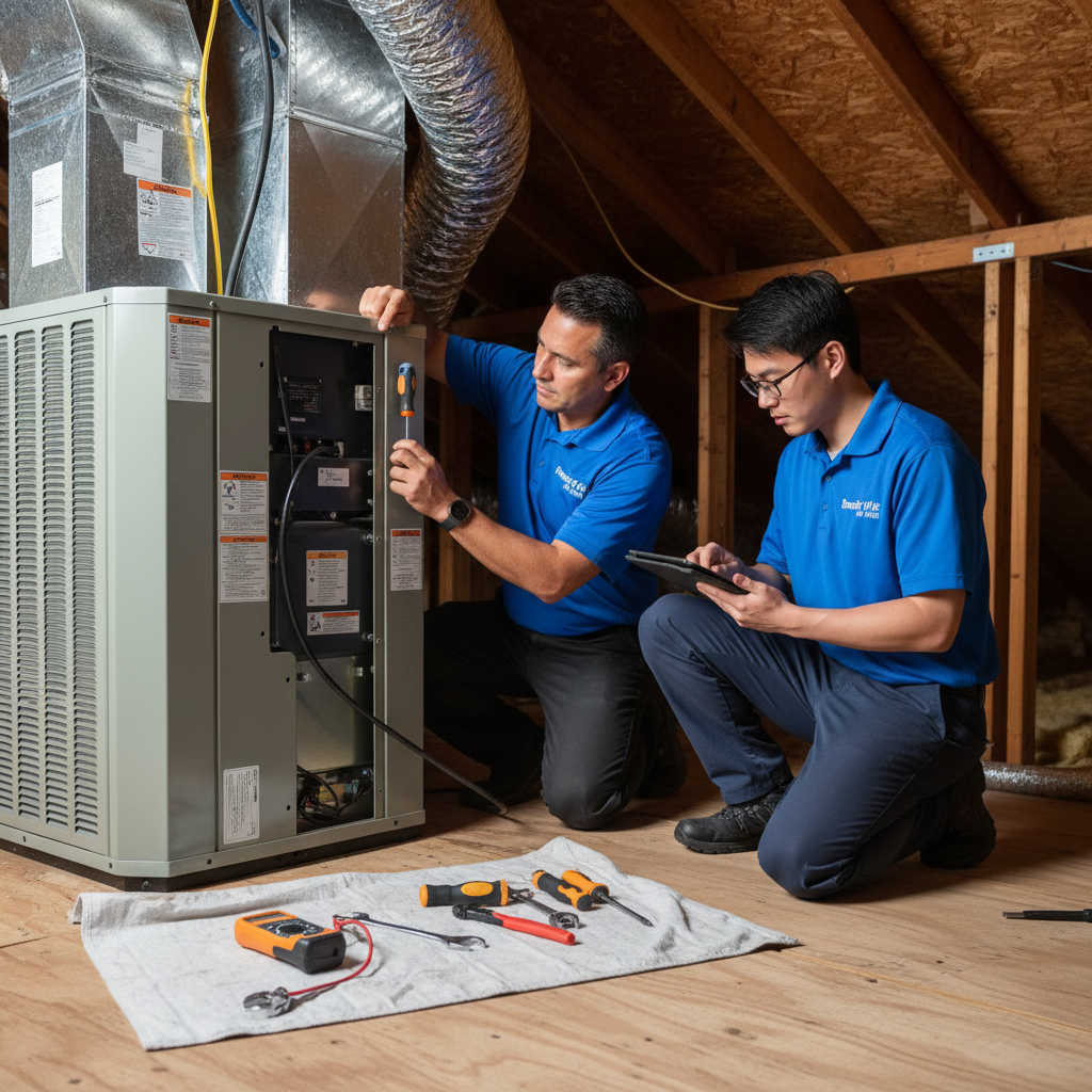 Boost My Air HVAC technicians performing routine maintenance on an indoor air handler in Grand Prairie, TX.