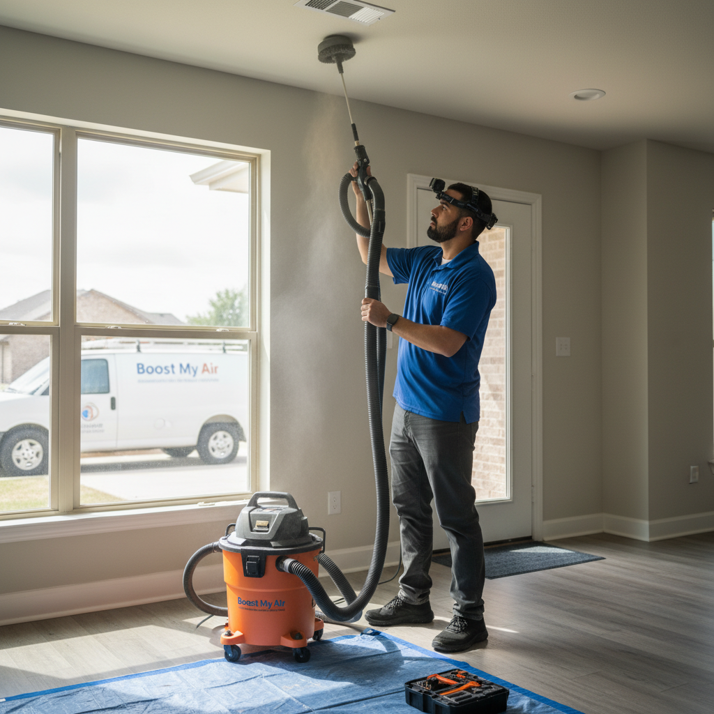 Boost My Air professional cleaning an air duct vent inside a modern Grand Prairie, TX home.