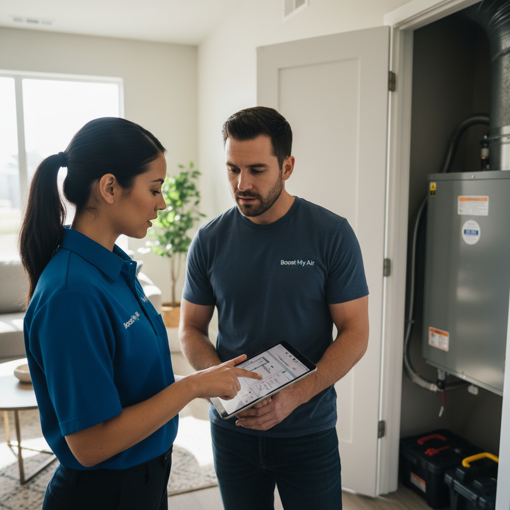 Boost My Air professional explaining HVAC repair options to a homeowner in the DFW metroplex, TX.