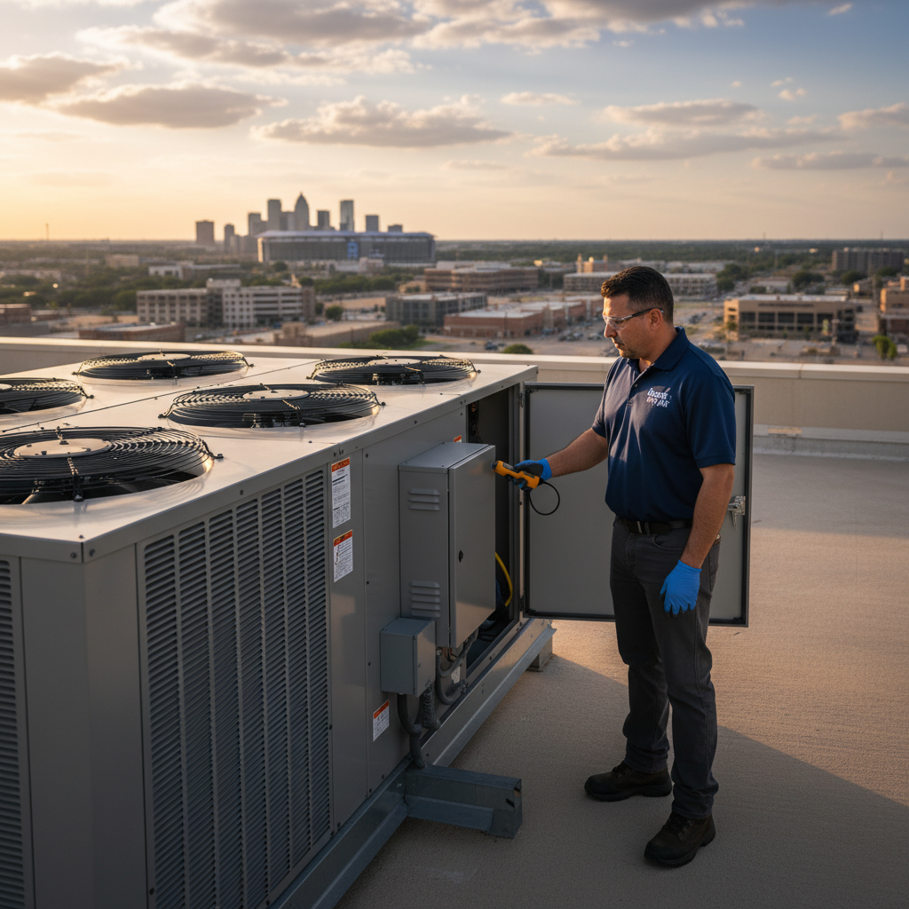 Boost My Air professional inspecting a commercial rooftop HVAC system in Grand Prairie, TX.