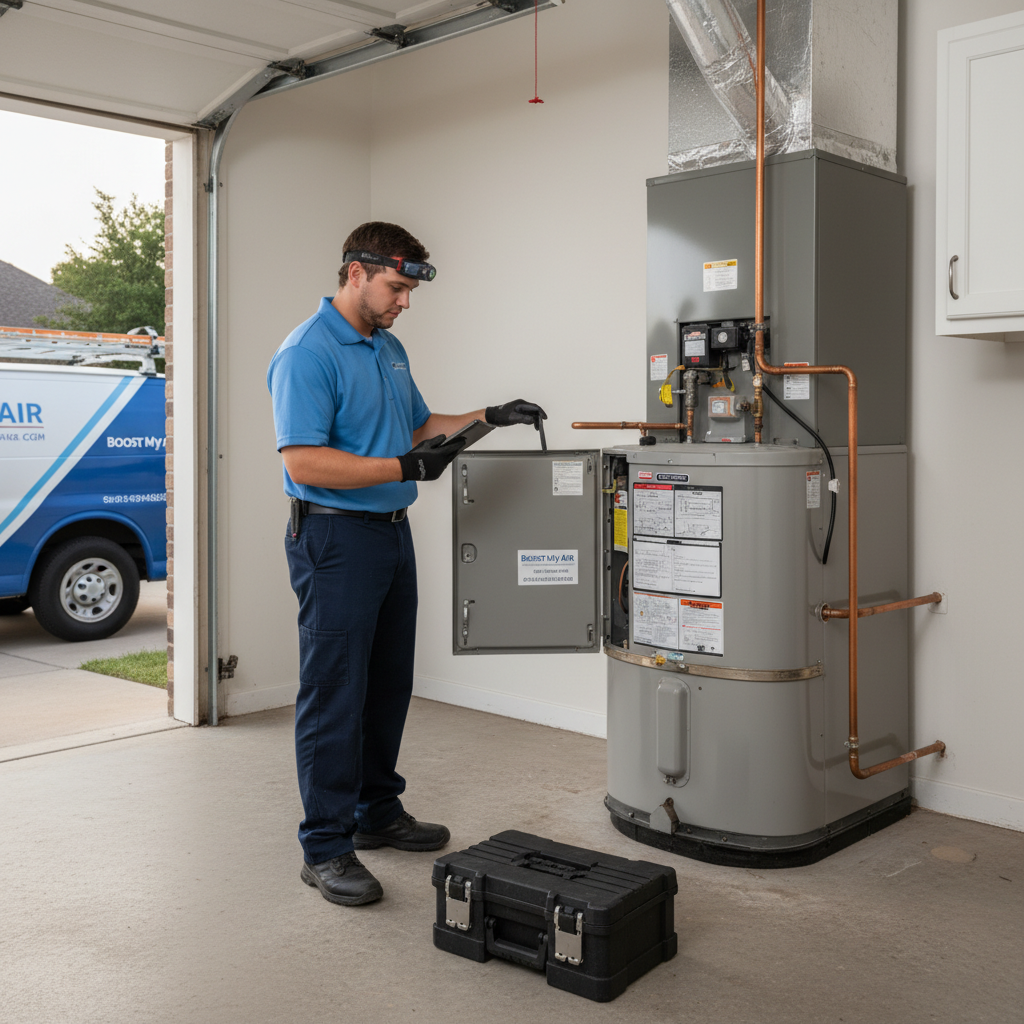 Boost My Air professional inspecting a furnace and HVAC system in a Grand Prairie, TX residence.