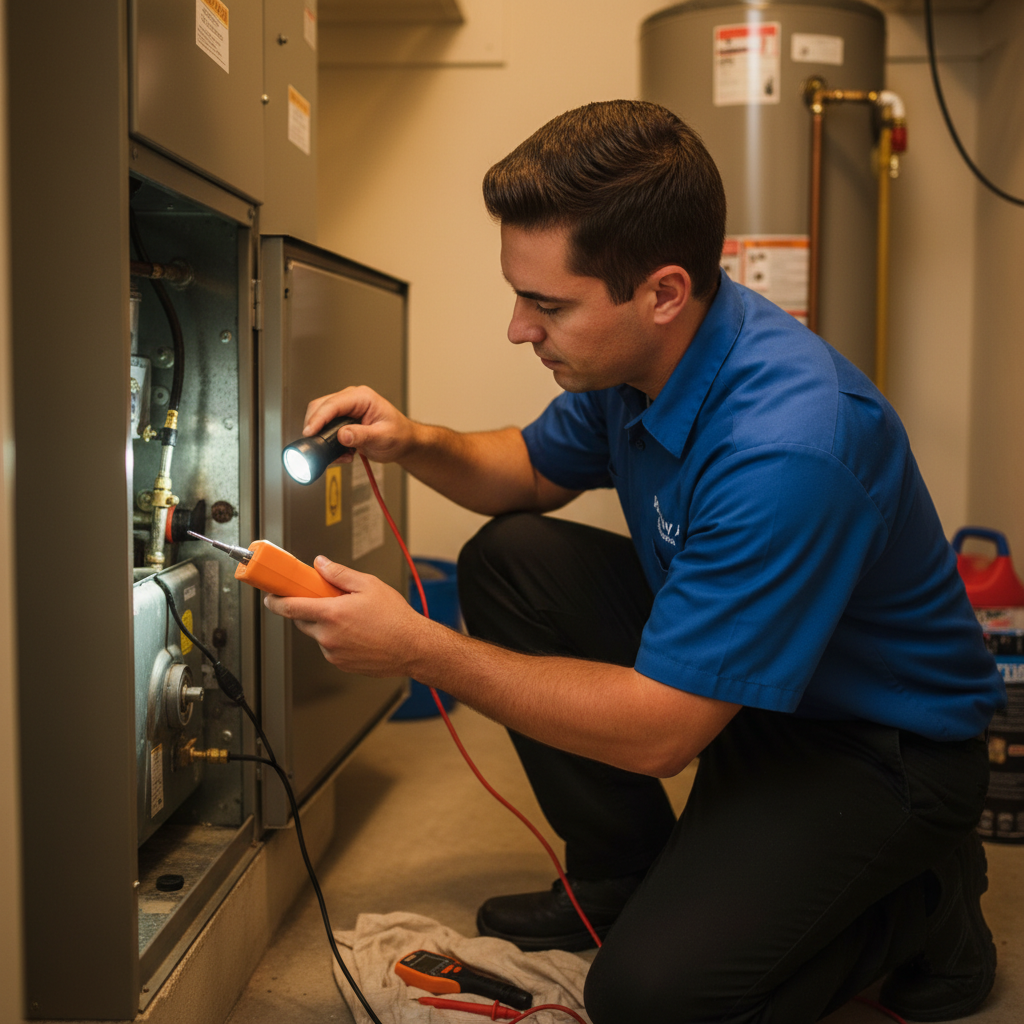 Boost My Air professional inspecting a furnace for heating service in the DFW metroplex, TX.