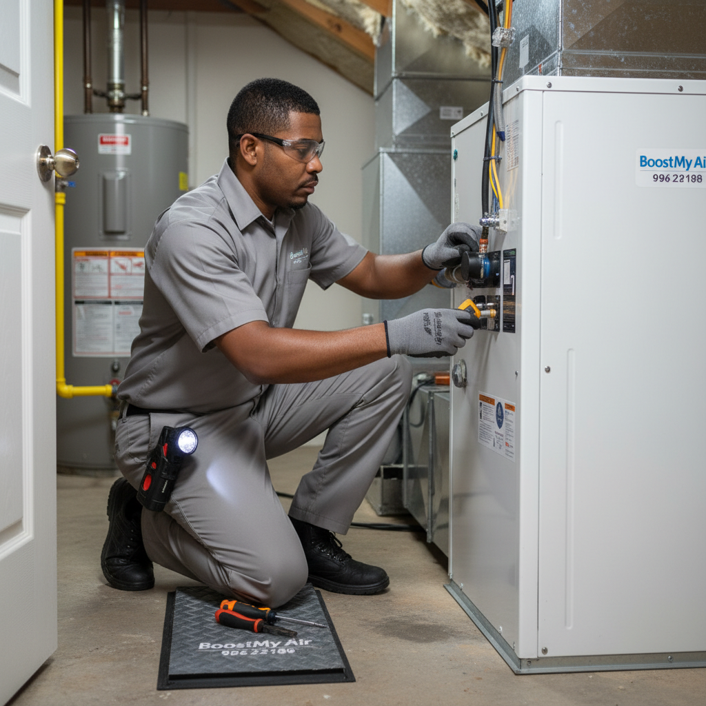 Boost My Air professional inspecting a furnace in a DFW metroplex, TX residence.